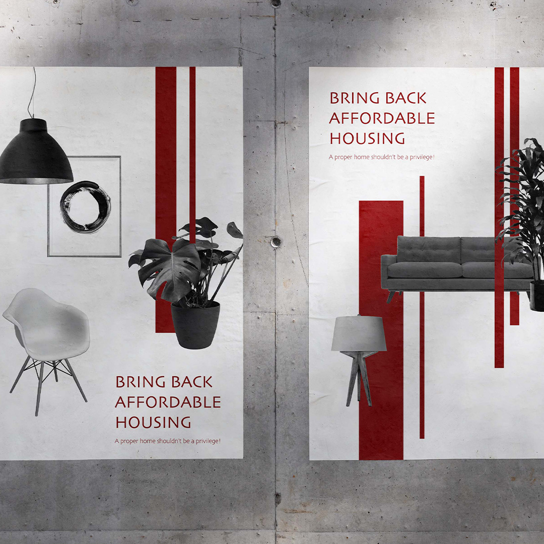 Mockups of posters for the Bring Back Affordable Housing campaign