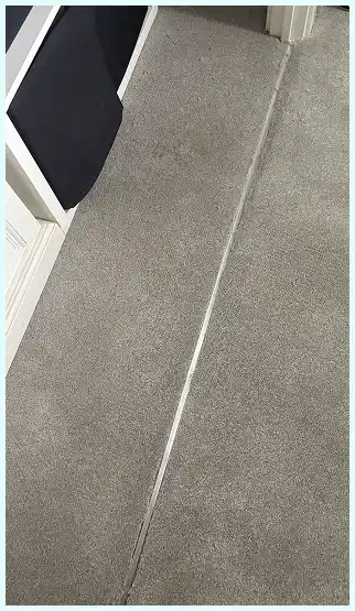 Beige carpet with a long, narrow tear along the floor near a door.