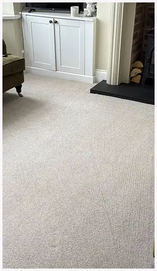 Indoor living room area with light beige carpet, white cabinet with black knobs, dark fireplace hearth, and stacked firewood.