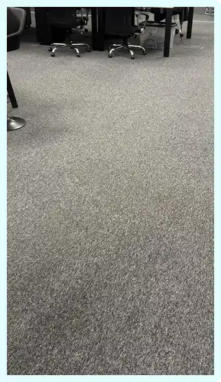 Clean gray carpeted office floor with black office chairs and tables in the background.