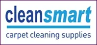 CleanSmart carpet cleaning supplies logo with blue and green text.