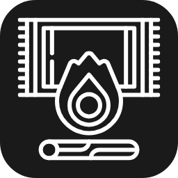 Icon of flame on carpet with a rolled-up carpet below, symbolizing carpet burn repair.