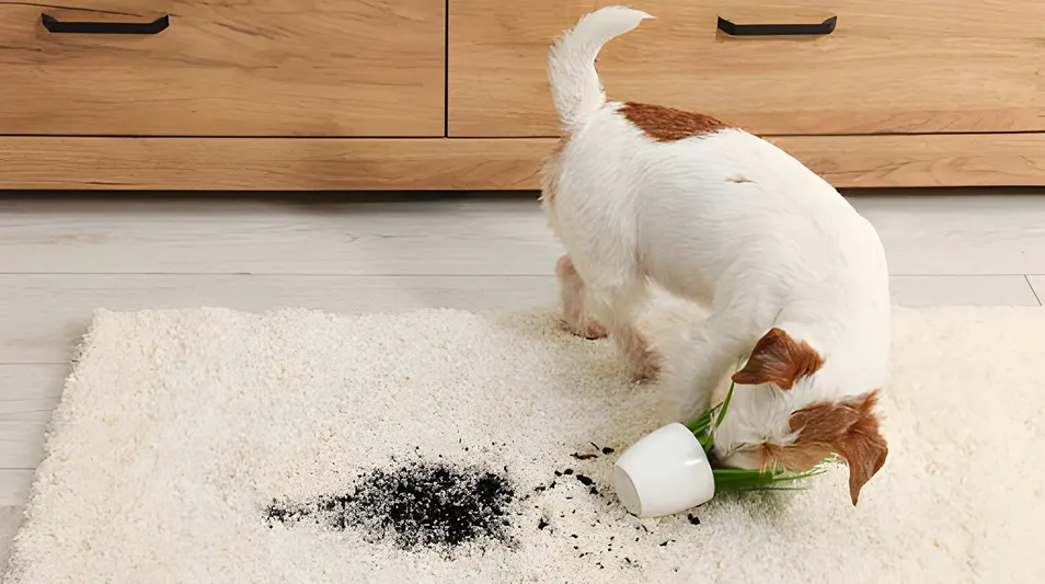 Small dog sniffing spilled soil from a tipped white plant pot on a white carpet.