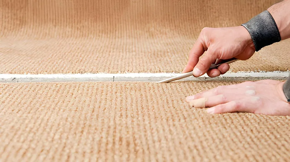 Hands repairing a tear in a beige carpet using a small tool and adhesive.