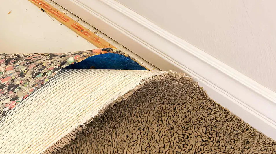 Corner of a room with brown carpet partly lifted showing layered backing and wood floor edge.