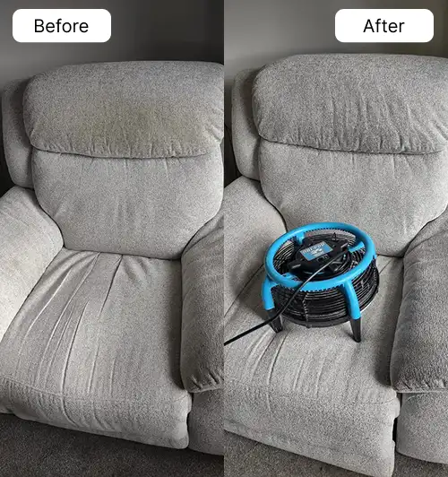 Side-by-side before and after photos of a gray fabric recliner, showing cleaning results.