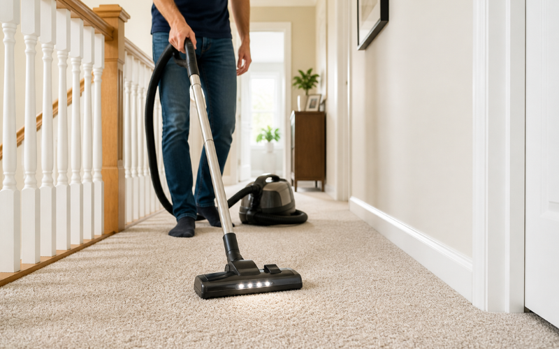 person is vacuuming carpet