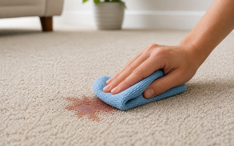 spot cleaning of spill using microfibre cloth