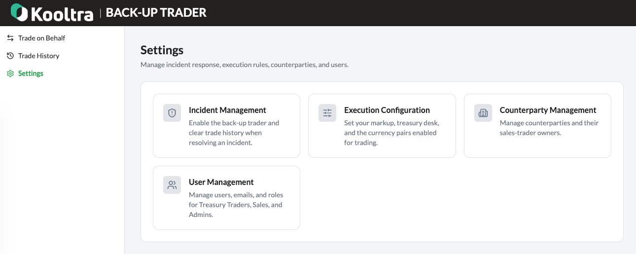 Kooltra Back-up Trader settings screen showing incident management, execution configuration, counterparty management and user management