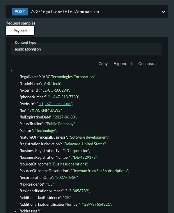 Sample request to the new Legal Entity endpoint creating a company legal entity with KYC details