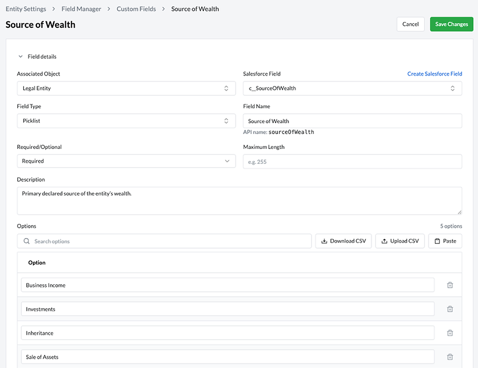 Kooltra Field Manager custom picklist for source of wealth with CSV upload and download