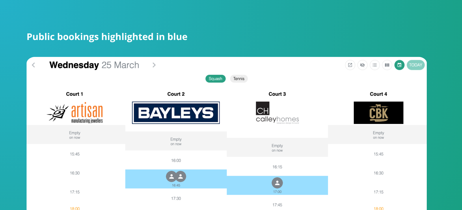 Public bookings highlighted in blue in Hello Club portal's admin view