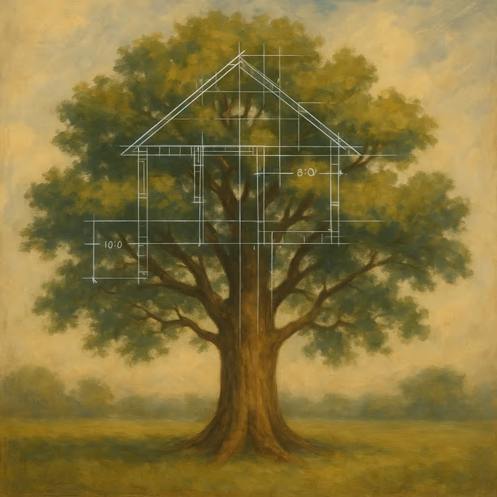 tree with an overlaid architectural blueprint 