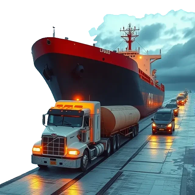 Ship, truck and cars at port