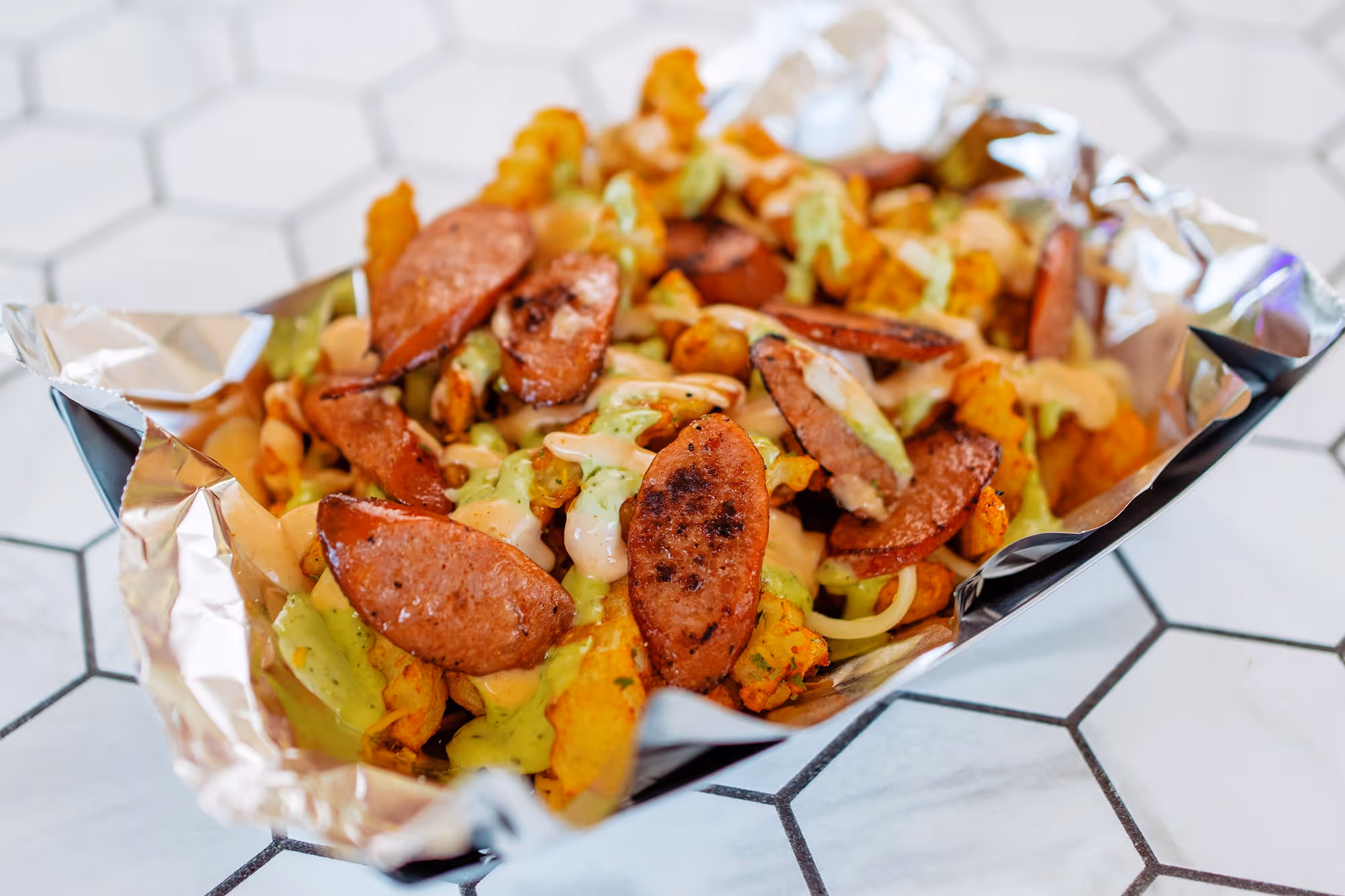 Halal salchipapa at Empanadas and More in Morrisville, NC.