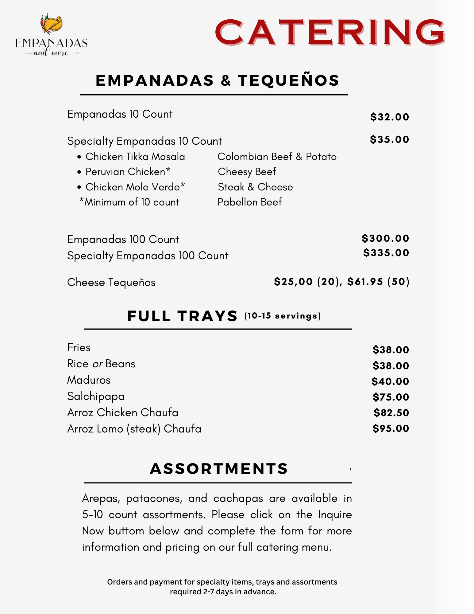 Catering menu listing empanadas, tequeños, full trays, and assortments with prices.