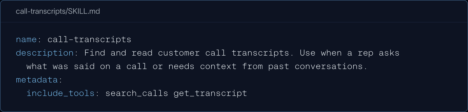 call-transcripts SKILL.md frontmatter listing include_tools: search_calls get_transcript
