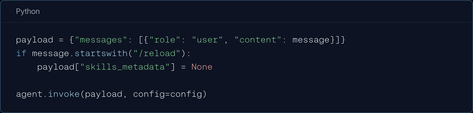 Python: a /reload command sets skills_metadata to None in the run payload