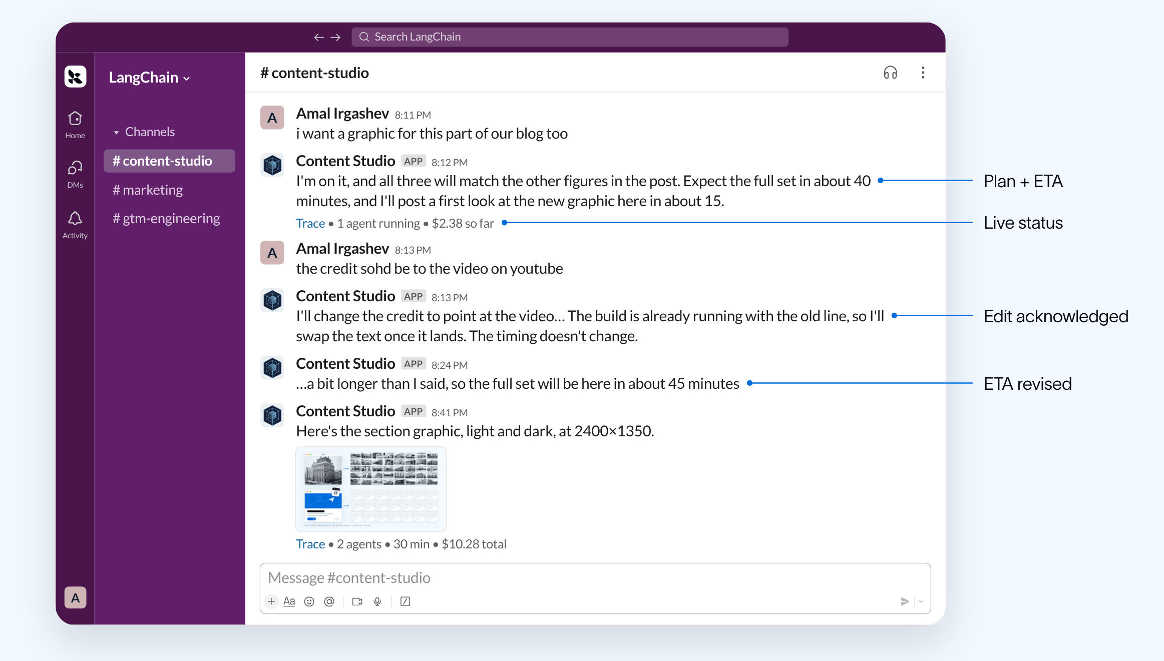 A Slack thread while a long job runs: plan, ETA, live status and an approval card