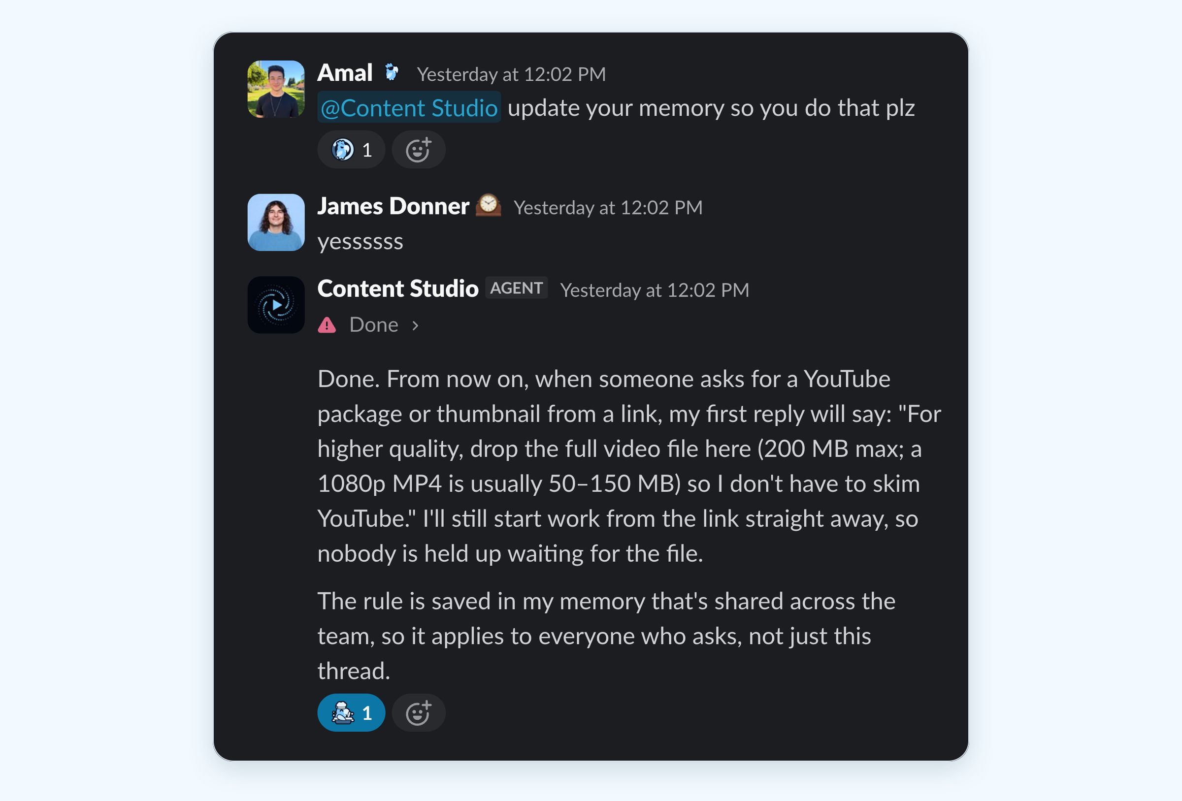 Slack thread: the agent saves a team rule to its shared memory