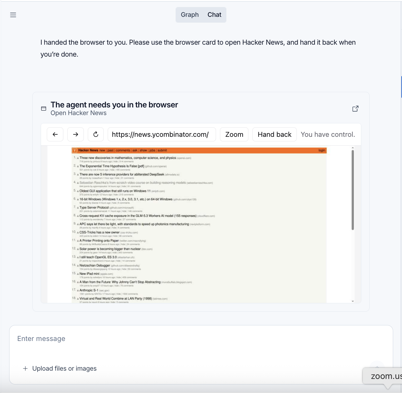 LangSmith Studio showing the agent needs you in the browser card, with an embedded browser and a Hand back button.