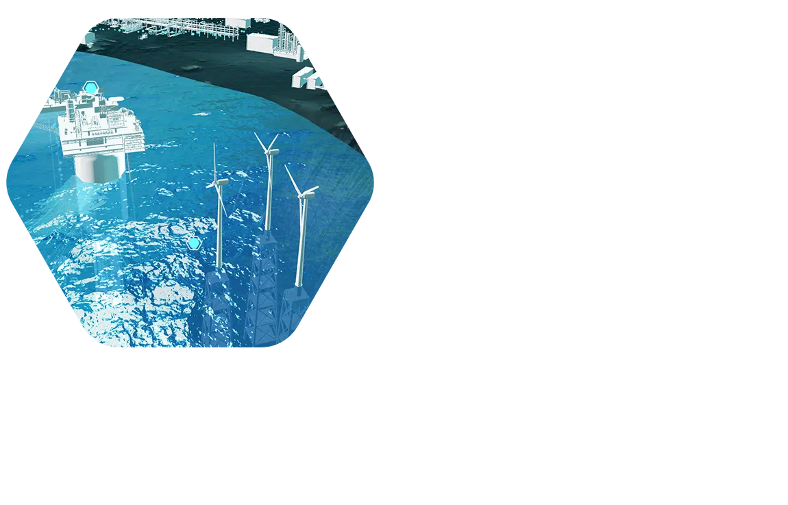 Hexagonal diagram showing an offshore oil platform connected underwater to multiple smaller devices and a supply ship on the ocean surface.