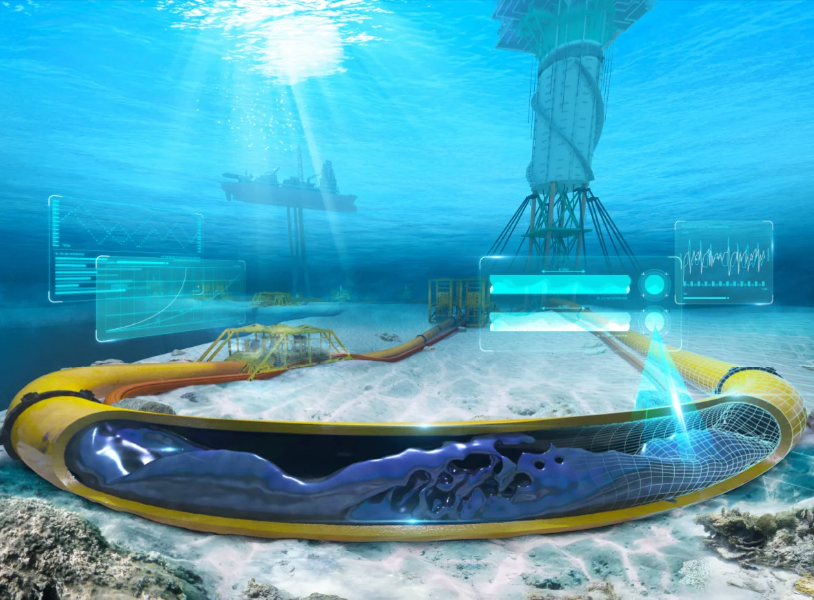 Underwater view of a subsea oil pipeline with flow simulation and digital data overlays, and an offshore oil rig in the background.