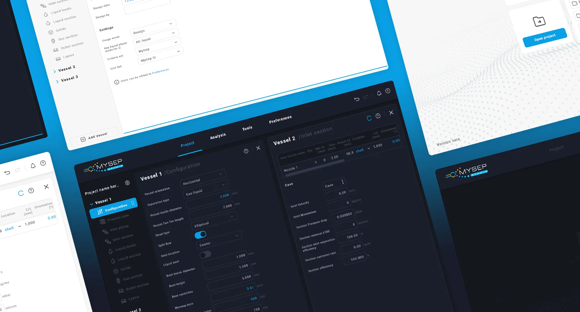 Screenshot of MYSEP Studio software interface showing vessel configuration and inlet section settings on a blue gradient background.