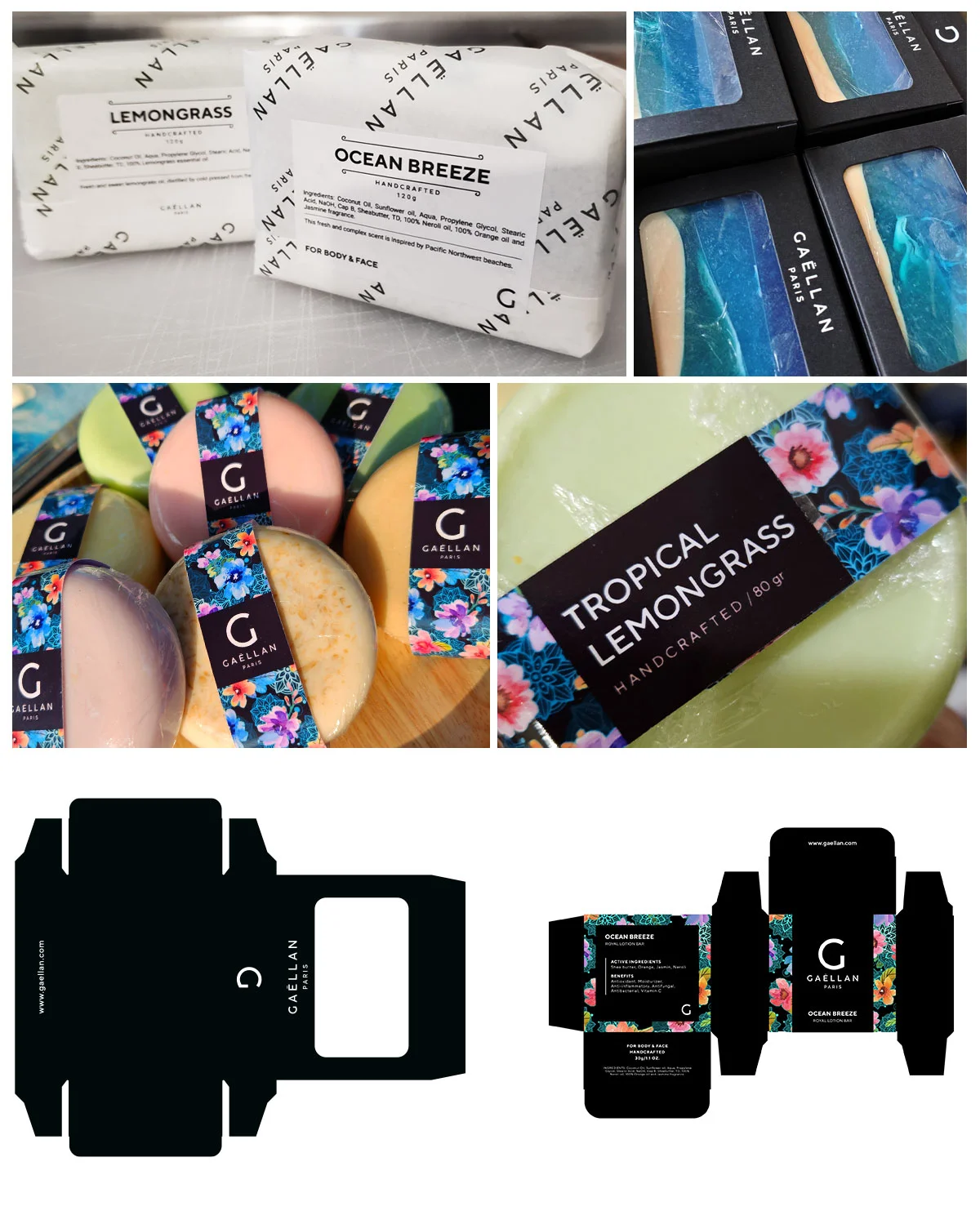 Collage showing Gaellan Paris handmade soap bars, packaging boxes, and soap labels with floral designs and scents like Ocean Breeze and Tropical Lemongrass.