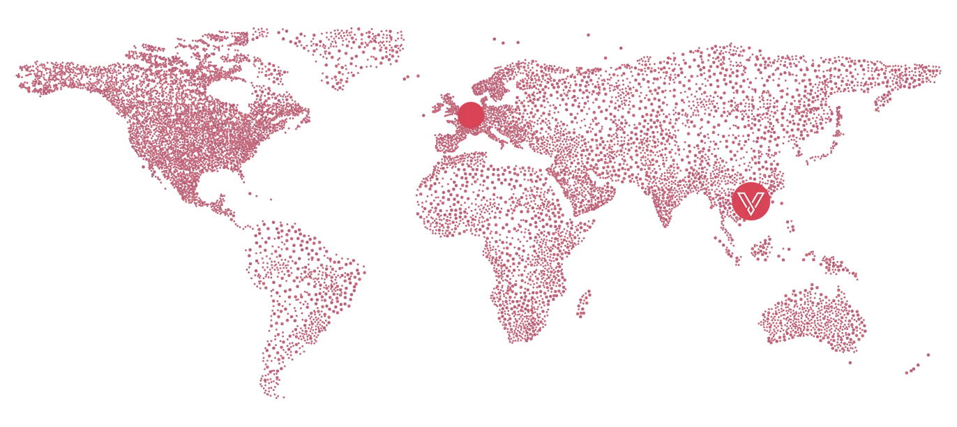 Simplified world map with two red location markers connected by a red line, highlighting a location in Asia and another in Europe.
