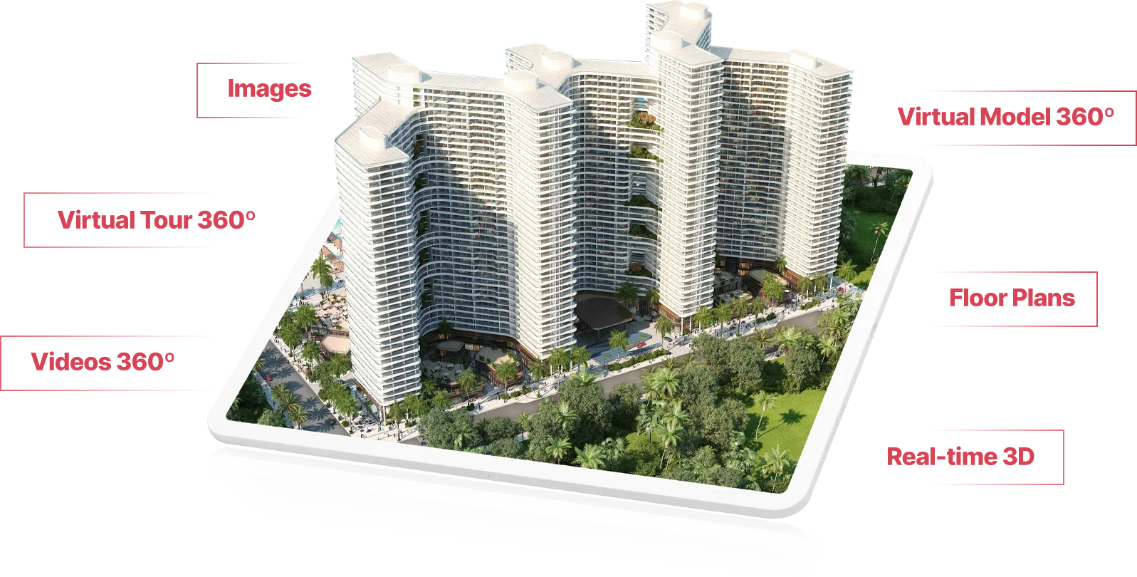 3D architectural model of a large modern white residential complex surrounded by greenery.