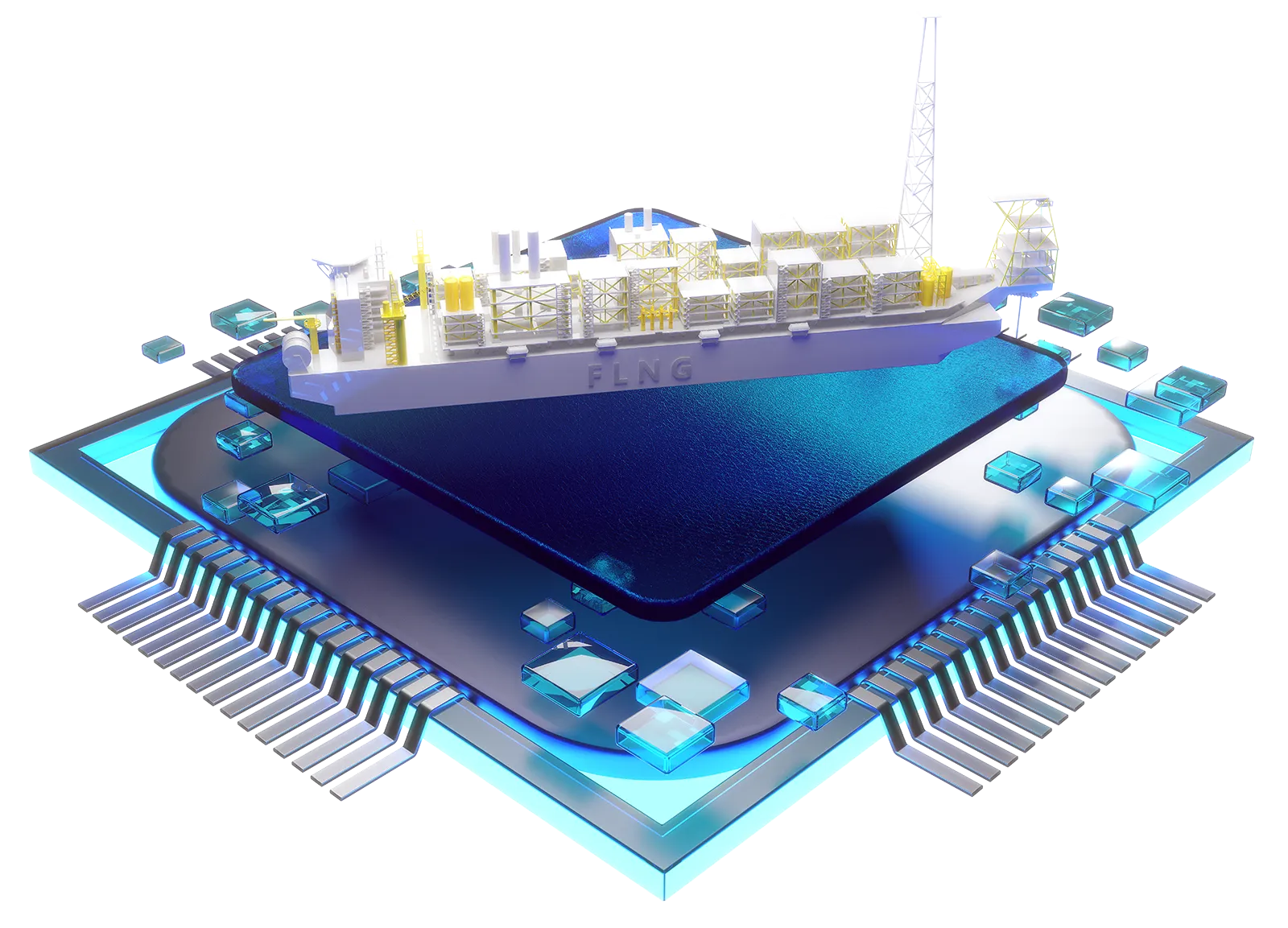 3D rendering of a floating liquefied natural gas (FLNG) platform integrated with a blue computer microchip base.