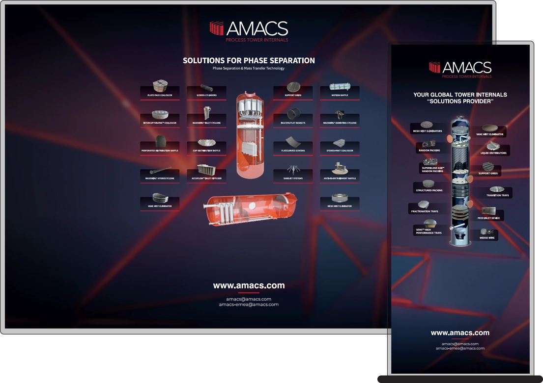 AMACS infographic showing solutions for phase separation and global tower internals, with labeled components and illustrations of industrial equipment parts.