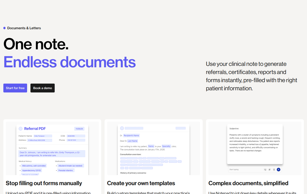 Lyrebird's Documents & Letters workflow showing a clinical note used to generate pre-filled referrals, certificates, reports and forms.