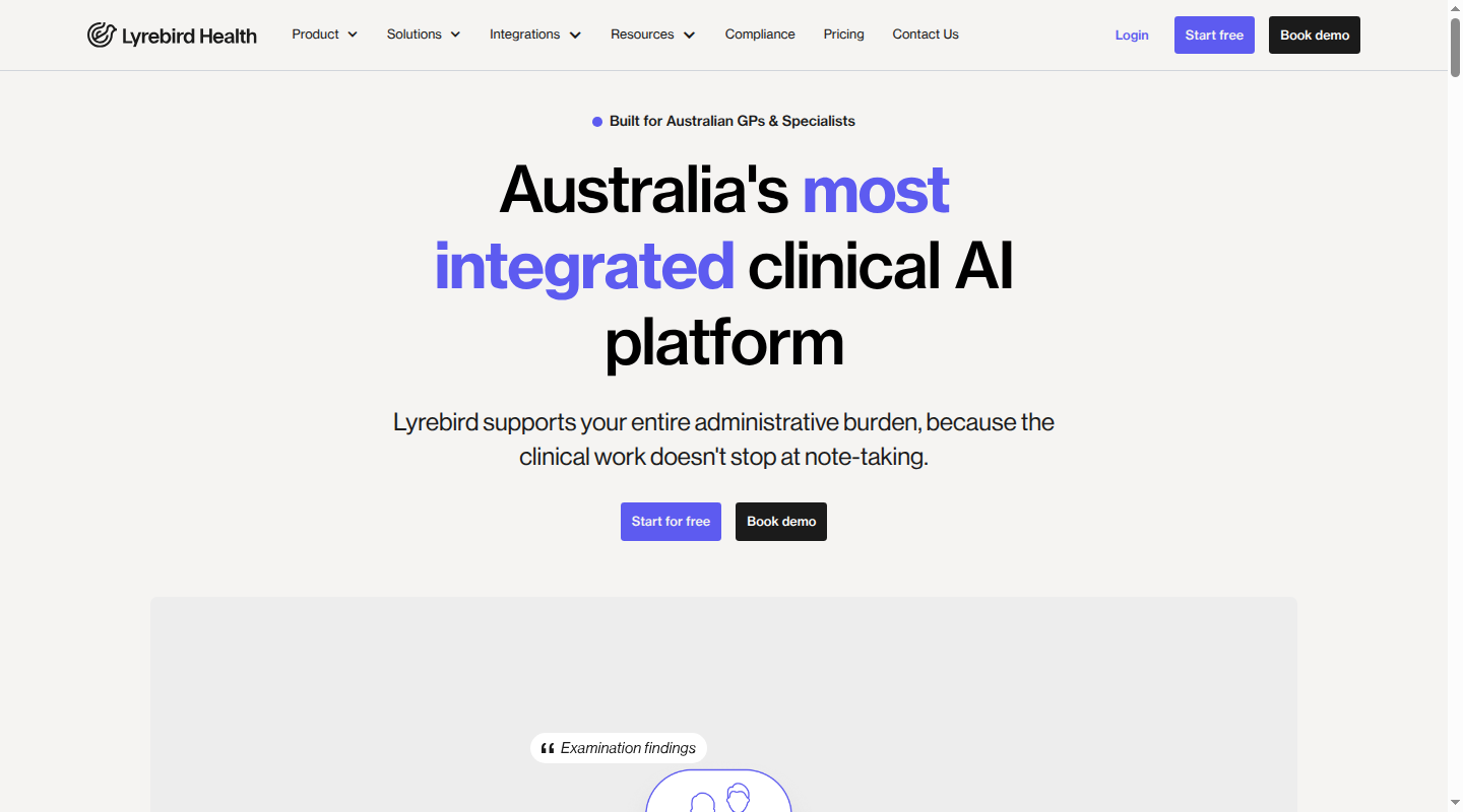 Lyrebird Australian homepage showing the clinical AI platform