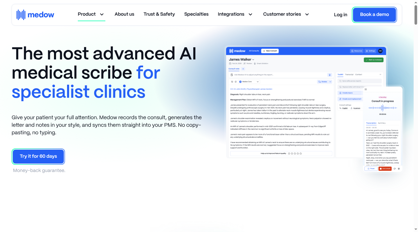 Medow AI medical scribe interface
