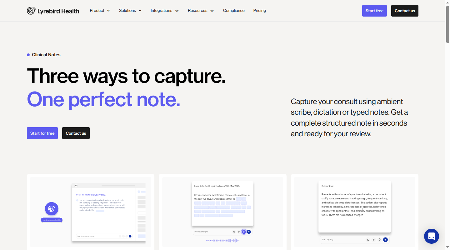 Lyrebird clinical notes page showing its ambient, dictation and typed-note workflow