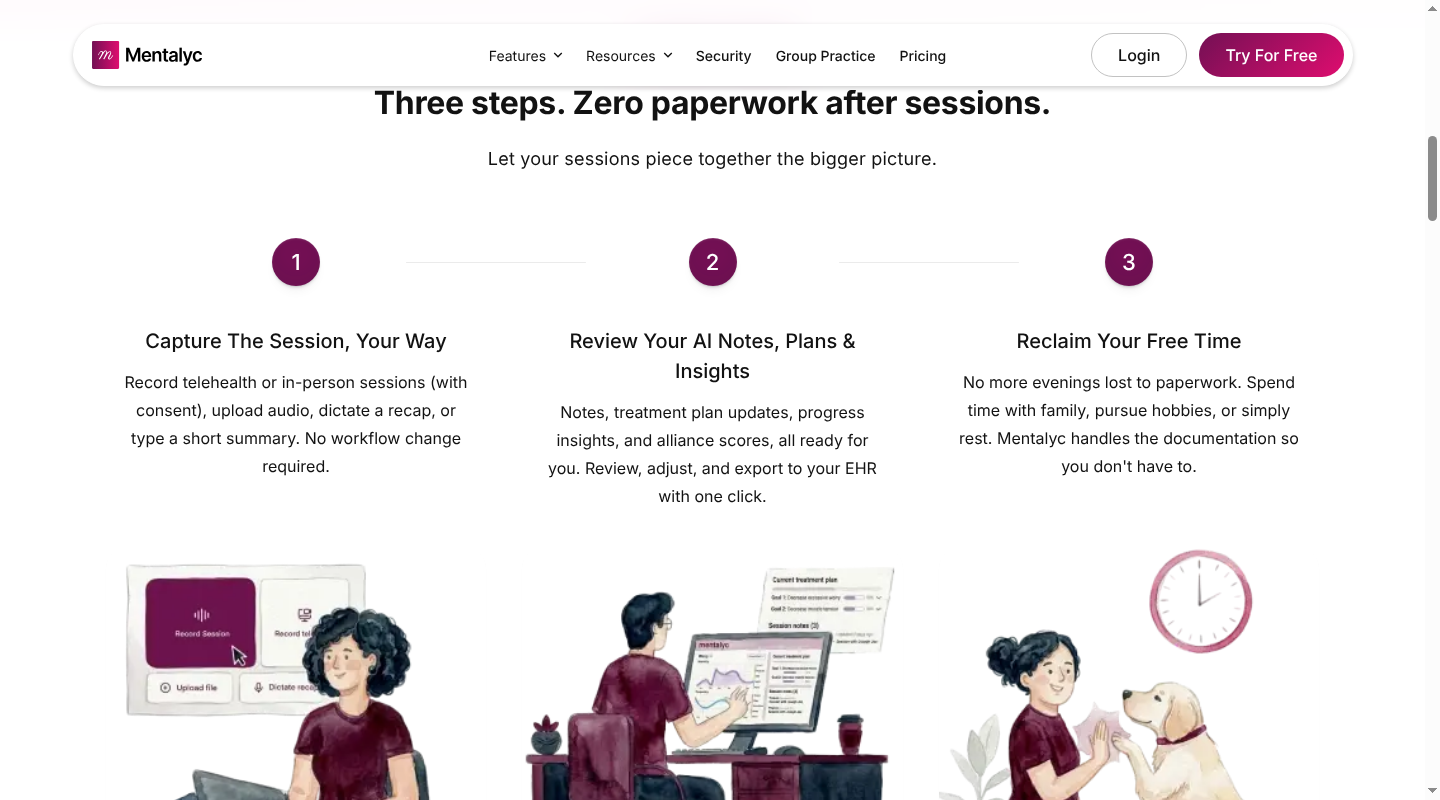 Mentalyc page showing therapy notes, treatment plans and session analytics