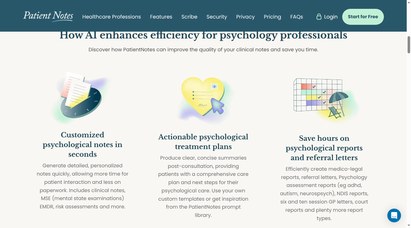 PatientNotes psychologist page showing clinical notes, reports and treatment-plan uses