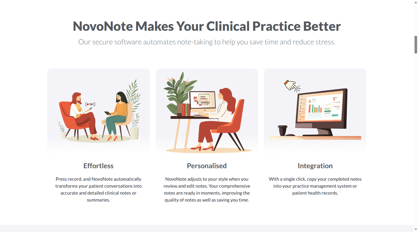 NovoNote page showing its mental-health AI scribe workflow