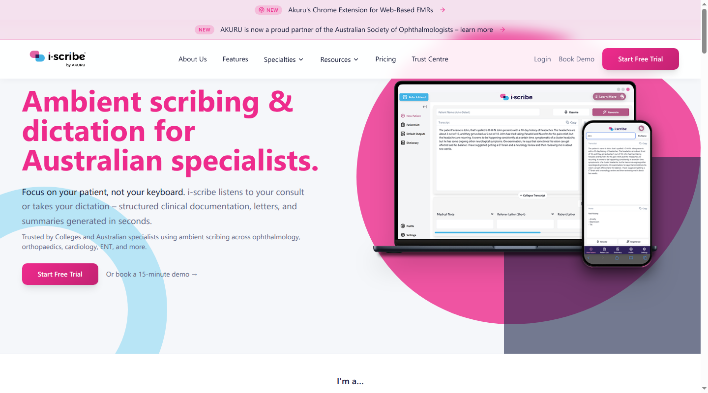 i-scribe homepage showing ambient scribing and dictation for Australian specialists
