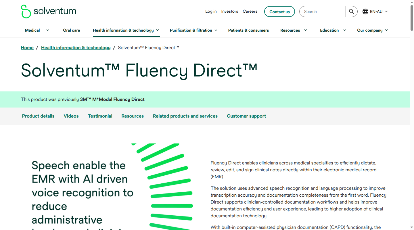 Solventum Fluency Direct page for speech-enabled clinical documentation
