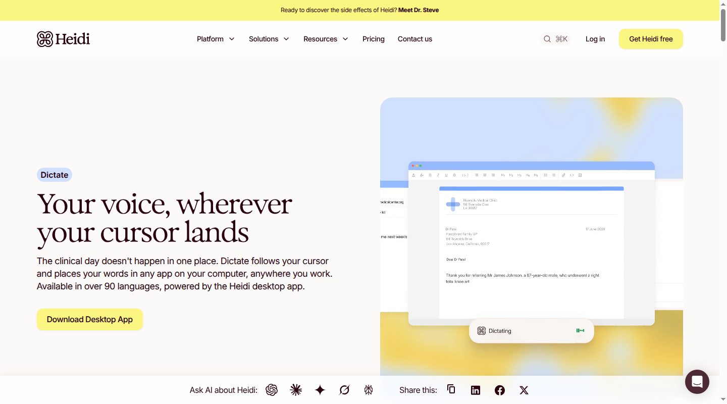 Heidi Dictate page showing voice input at the cursor