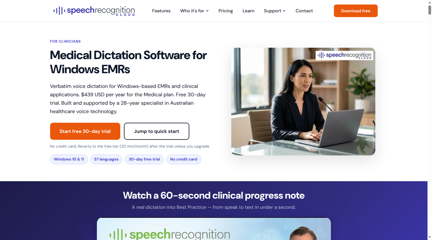 Speech Recognition Cloud Medical page for Windows clinical-system dictation