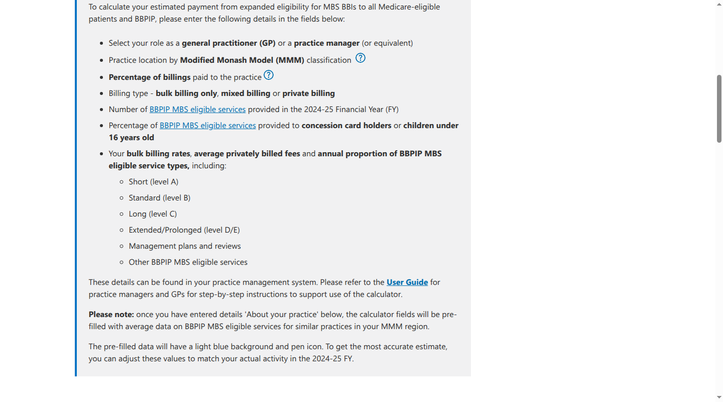 Inputs used by the Australian Government bulk billing incentives calculator, including role, MMM location, billing type, service mix and private fees