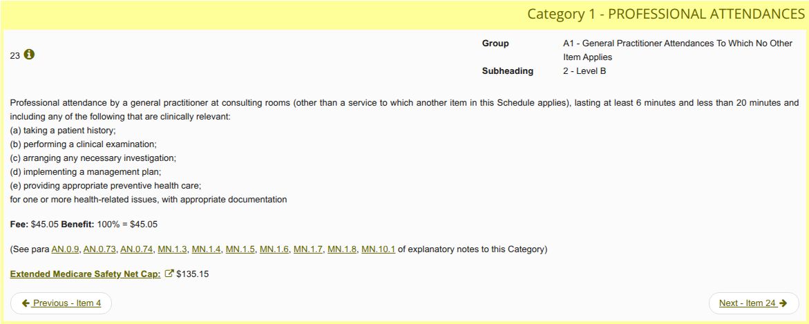 MBS Online item 23 descriptor with fee and associated notes