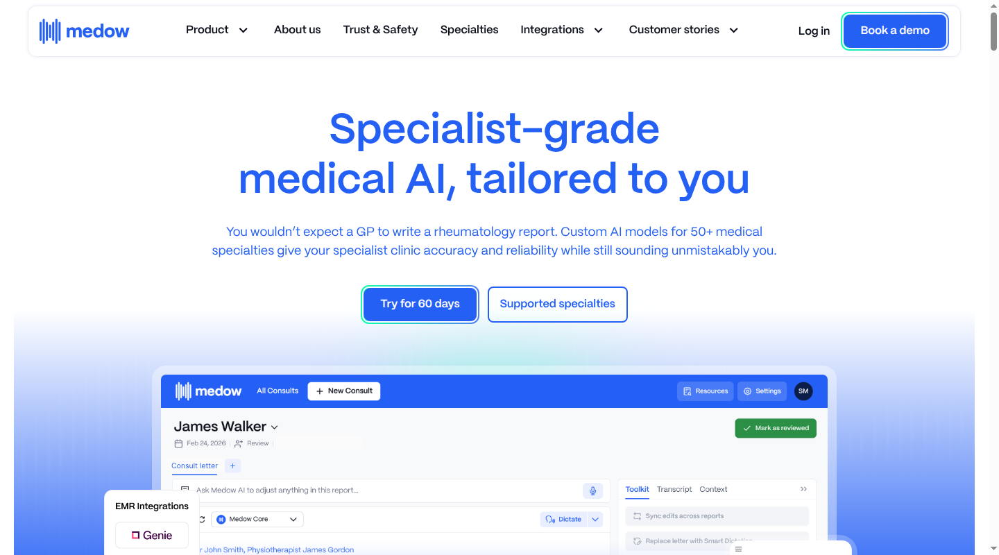 Medow specialist clinical AI homepage