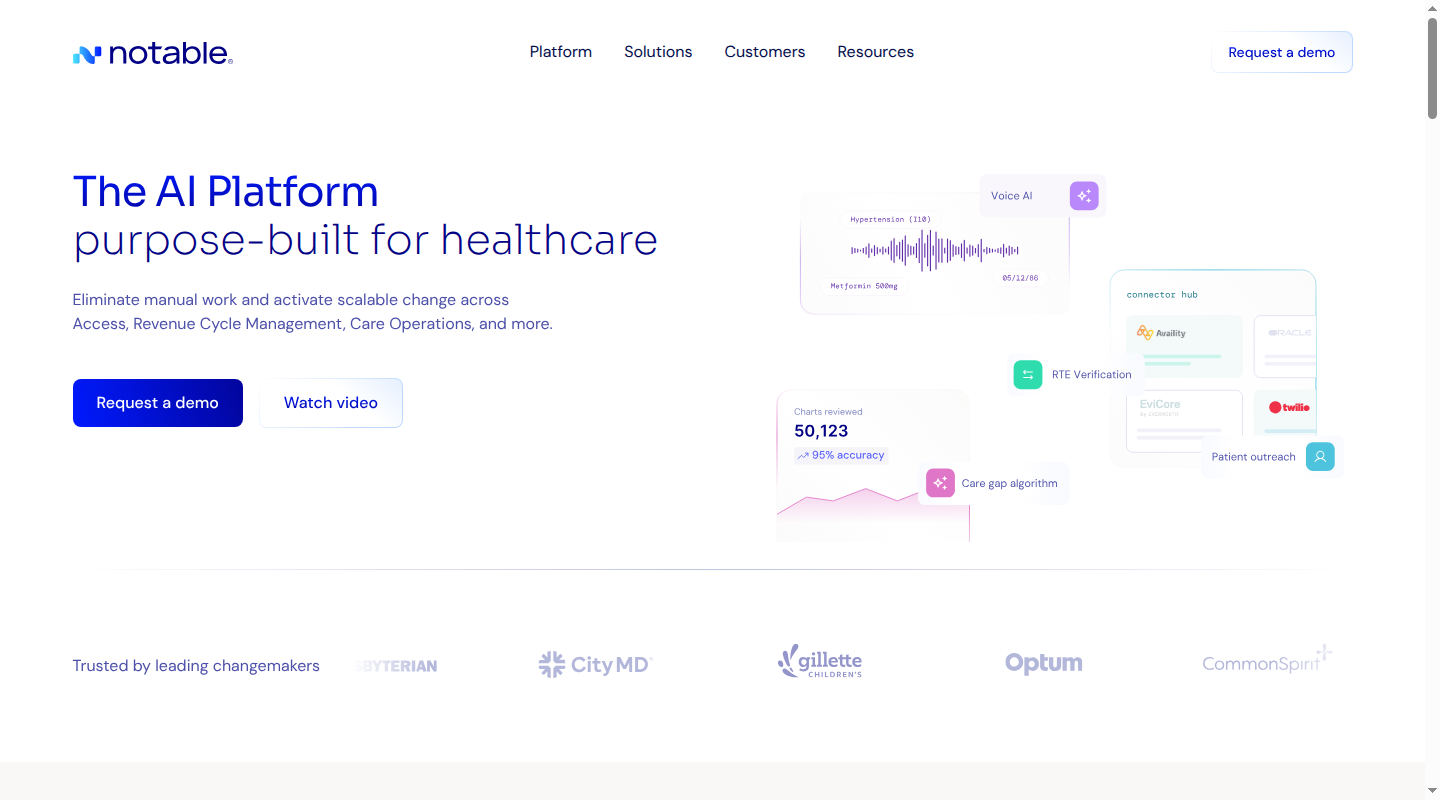 Notable healthcare automation platform homepage