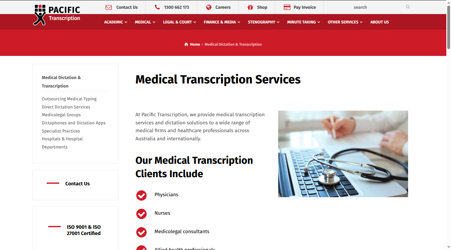 Pacific Transcription medical services page showing client categories and ISO certification