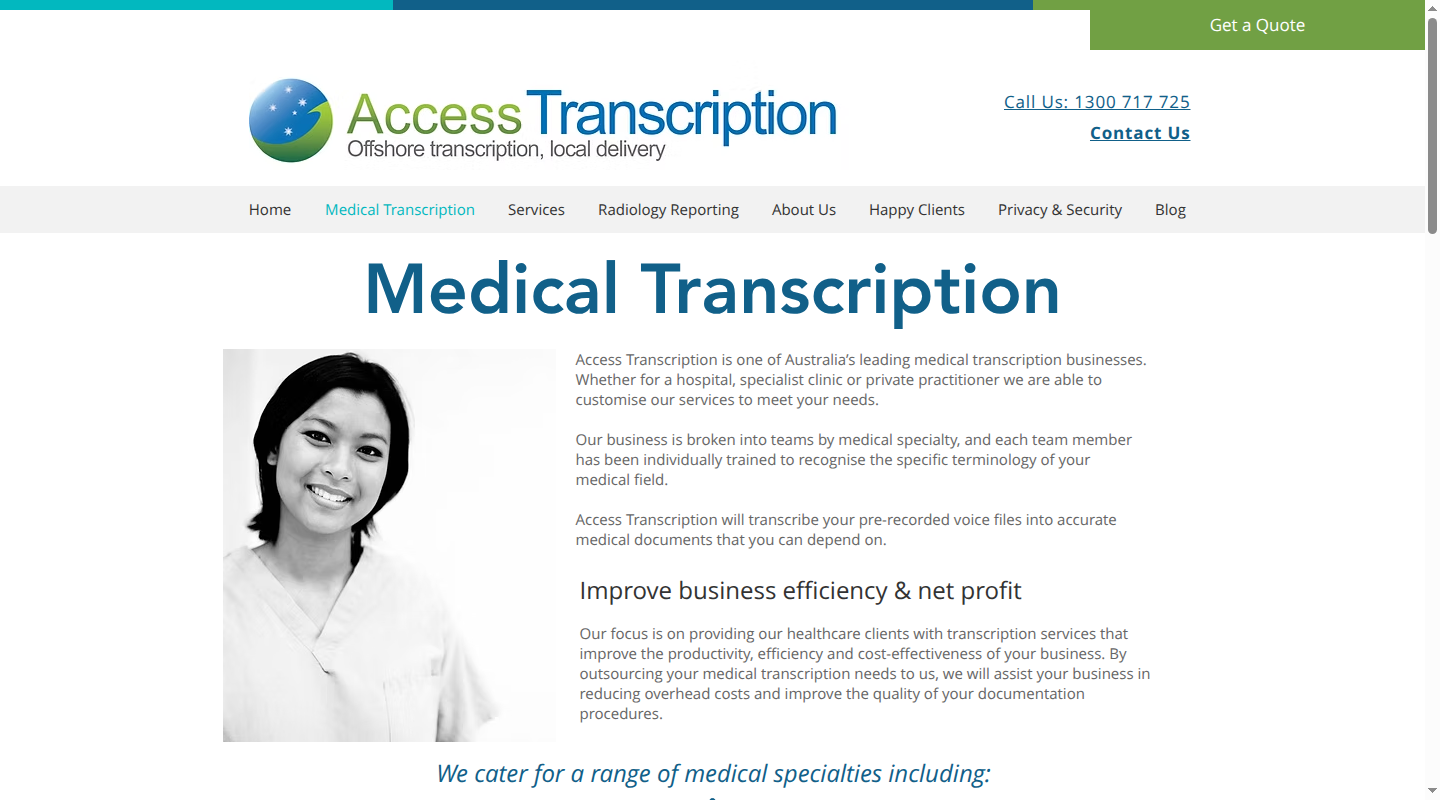 Access Transcription medical page showing its specialty-team service